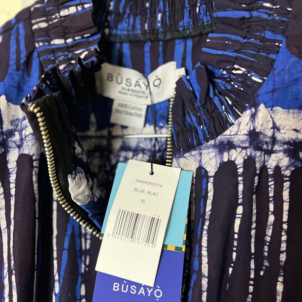 Women's Blue Patterned Maxi Dress with Long Sleeves - Picture 4 of 4